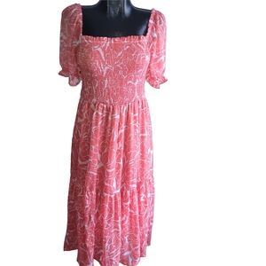 Patrons Of Peace Floral Print Smocked Short Puff Sleeve Maxi Dress M